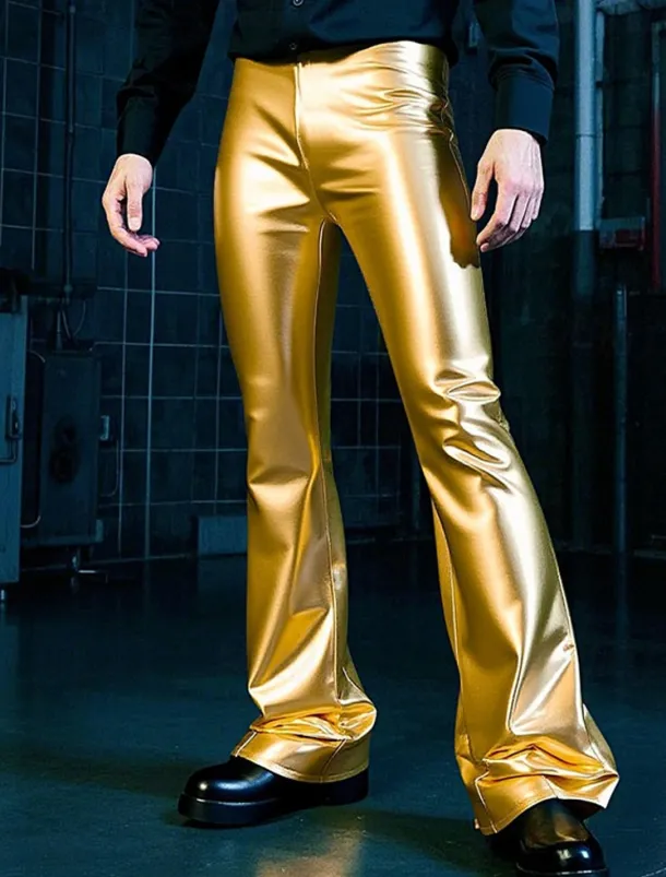 Men's Disco Pants Flared Pants Trousers Casual Pants Buttons Pocket Plain Comfort Party Stage Disco Lights Fashion Casual Gold Micro-elastic