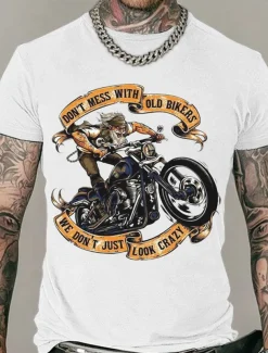 Men's Don't Mess With Old Bikers We Don't Just Look Crazy T Shirt Rude Style Cotton Short Sleeves Graphic Shirt Black White Navy Blue Comfortable Tee Street Fashion Designer Clothing