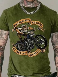 Men's Don't Mess With Old Bikers We Don't Just Look Crazy T Shirt Rude Style Cotton Short Sleeves Graphic Shirt Black White Navy Blue Comfortable Tee Street Fashion Designer Clothing