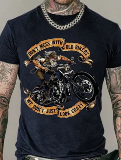 Men's Don't Mess With Old Bikers We Don't Just Look Crazy T Shirt Rude Style Cotton Short Sleeves Graphic Shirt Black White Navy Blue Comfortable Tee Street Fashion Designer Clothing