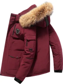 Men's Down Jacket Puffer Jacket Parka Fur Trim Work Daily Wear Long Casual Daily Casual Warm Winter Pure Color Black White Red Puffer Jacket