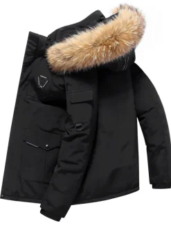 Men's Down Jacket Puffer Jacket Parka Fur Trim Work Daily Wear Long Casual Daily Casual Warm Winter Pure Color Black White Red Puffer Jacket