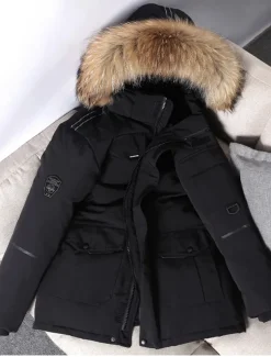 Men's Down Jacket Puffer Jacket Parka Fur Trim Work Daily Wear Long Casual Daily Casual Warm Winter Pure Color Black White Red Puffer Jacket