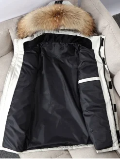 Men's Down Jacket Puffer Jacket Parka Fur Trim Work Daily Wear Long Casual Daily Casual Warm Winter Pure Color Black White Red Puffer Jacket