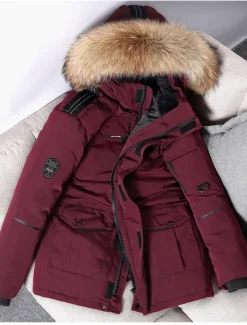 Men's Down Jacket Puffer Jacket Parka Fur Trim Work Daily Wear Long Casual Daily Casual Warm Winter Pure Color Black White Red Puffer Jacket
