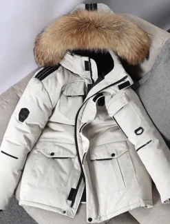 Men's Down Jacket Puffer Jacket Parka Fur Trim Work Daily Wear Long Casual Daily Casual Warm Winter Pure Color Black White Red Puffer Jacket