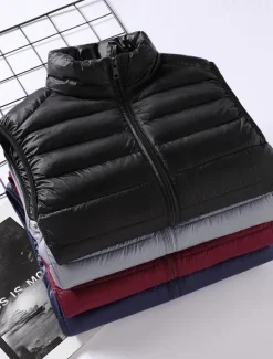 Men's Down Vest Puffer Vest Gilet Daily Date Vacation Fashion Casual Fall & Winter Pocket Nylon Duckdown Warm Comfortable Solid Color Zipper Stand Collar Regular Fit Black Burgundy Blue Gray Vest