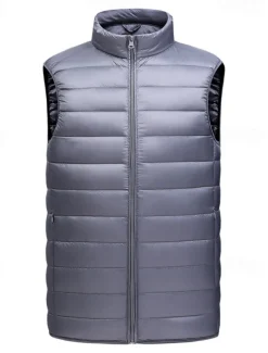 Men's Down Vest Puffer Vest Gilet Daily Date Vacation Fashion Casual Fall & Winter Pocket Nylon Duckdown Warm Comfortable Solid Color Zipper Stand Collar Regular Fit Black Burgundy Blue Gray Vest