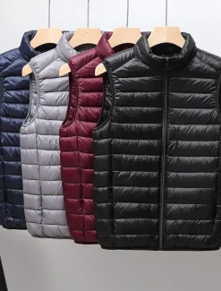 Men's Down Vest Puffer Vest Gilet Daily Date Vacation Fashion Casual Fall & Winter Pocket Nylon Duckdown Warm Comfortable Solid Color Zipper Stand Collar Regular Fit Black Burgundy Blue Gray Vest