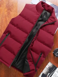 Men's Down Vest Puffer Vest Vest Gilet Daily Date Vacation Fashion Casual Fall & Winter Pocket Polyester Warm Comfortable Plain Zipper Standing Collar Regular Fit Black Red Blue Vest