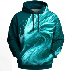 Men's Dragon 3D Hoodies Sweatshirt Cool Party Long Sleeve Crew Neck Club Streetwear Blue Green Drawstring Graphic Fall Winter Designer