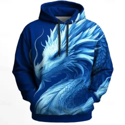 Men's Dragon 3D Hoodies Sweatshirt Cool Party Long Sleeve Crew Neck Club Streetwear Blue Green Drawstring Graphic Fall Winter Designer