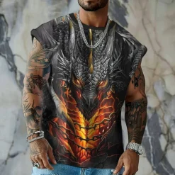 Men's Dragon Vest Top Sleeveless T shirt 3D Print Crew Neck Shirt Sports Retro Vintage Gothic Party Street Casual Black Summer Spring Clothing Apparel S M L XL XXL XXXL