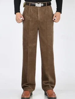 Men's Dress Pants Corduroy Pants Trousers Straight Leg Plain Comfort Daily Classic Style Dark Khaki Black Micro-elastic