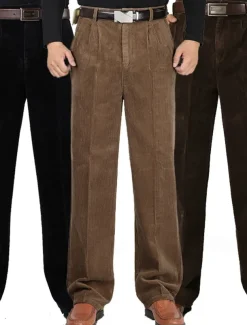 Men's Dress Pants Corduroy Pants Trousers Straight Leg Plain Comfort Daily Classic Style Dark Khaki Black Micro-elastic