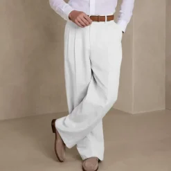 Men's Dress Pants Linen Pants Summer Pants Pleated Pants Front Pocket Straight Leg Plain Comfort Breathable Casual Daily Holiday Fashion Basic Black White