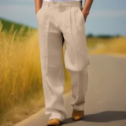 Men's Dress Pants Linen Pants Trousers Summer Pants Pleated Pants Front Pocket Straight Leg Plain Comfort Breathable Full Length Casual Daily Holiday Fashion Streetwear Black White