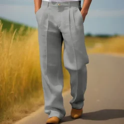 Men's Dress Pants Linen Pants Trousers Summer Pants Pleated Pants Front Pocket Straight Leg Plain Comfort Breathable Full Length Casual Daily Holiday Fashion Streetwear Black White
