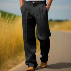 Men's Dress Pants Linen Pants Trousers Summer Pants Pleated Pants Front Pocket Straight Leg Plain Comfort Breathable Full Length Casual Daily Holiday Fashion Streetwear Black White