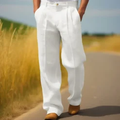 Men's Dress Pants Linen Pants Trousers Summer Pants Pleated Pants Front Pocket Straight Leg Plain Comfort Breathable Full Length Casual Daily Holiday Fashion Streetwear Black White
