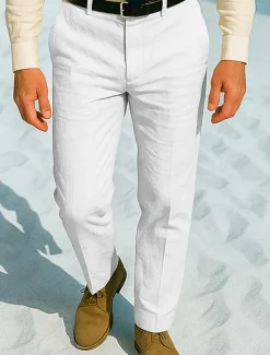 Men's Dress Pants Linen Pants Trousers Chinos Buttons Pocket Plain Comfort Formal Party Work Fashion Classic Style White Khaki Micro-elastic