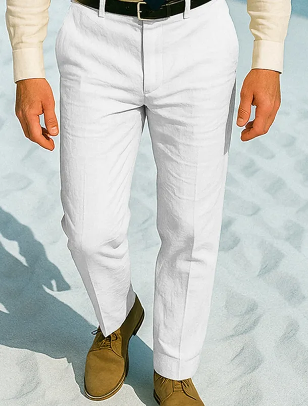 Men's Dress Pants Linen Pants Trousers Chinos Buttons Pocket Plain Comfort Formal Party Work Fashion Classic Style White Khaki Micro-elastic