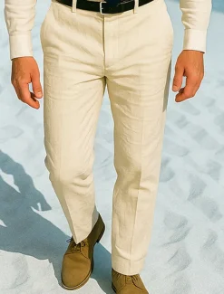Men's Dress Pants Linen Pants Trousers Chinos Buttons Pocket Plain Comfort Formal Party Work Fashion Classic Style White Khaki Micro-elastic