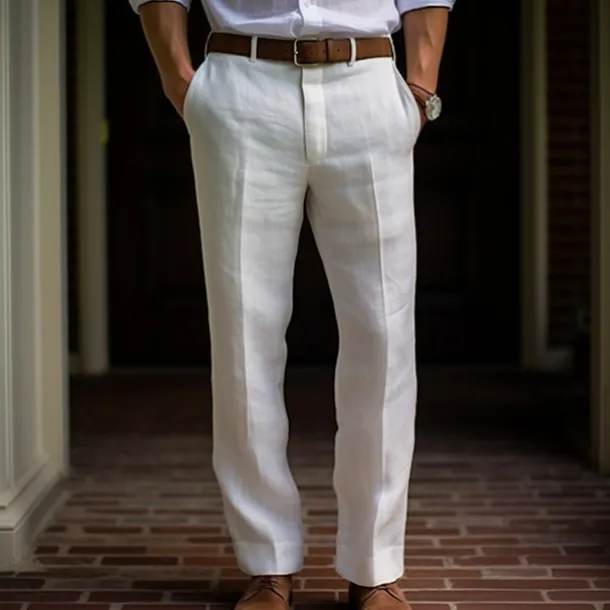 Men's Dress Pants Linen Pants Trousers Summer Pants Buttons Front Pocket Straight Leg Plain Comfort Breathable Casual Daily Holiday Fashion Basic Black White