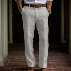 Men's Dress Pants Linen Pants Trousers Summer Pants Buttons Front Pocket Straight Leg Plain Comfort Breathable Casual Daily Holiday Fashion Basic Black White