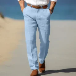 Men's Dress Pants Linen Pants Trousers Summer Pants Beach Pants Front Pocket Straight Leg Plain Comfort Breathable Formal Business Holiday Fashion Basic Black White
