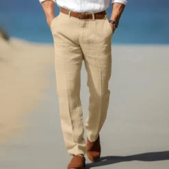 Men's Dress Pants Linen Pants Trousers Summer Pants Beach Pants Front Pocket Straight Leg Plain Comfort Breathable Formal Business Holiday Fashion Basic Black White