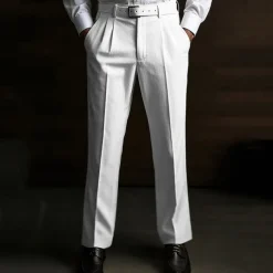 Men's Dress Pants Linen Pants Summer Pants Pleated Plain Soft Office Chic & Modern Black White