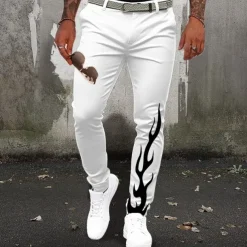 Men's Dress Pants Pocket 3D Print Buttons Flame Halloween Costumes Full Length Formal Business Casual White Inelastic