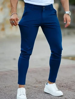 Men's Dress Pants Skinny Trousers Chinos Buttons Pocket Plain Comfort Ankle-Length Formal Party Work Fashion Classic Style Black Blue Micro-elastic