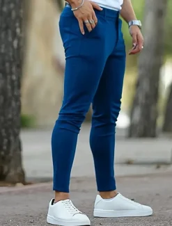 Men's Dress Pants Skinny Trousers Chinos Buttons Pocket Plain Comfort Ankle-Length Formal Party Work Fashion Classic Style Black Blue Micro-elastic