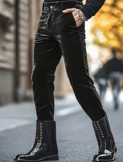 Men's Dress Pants Skinny Trousers Casual Pants Velvet Pants Pocket Plain Comfort Soft Full Length Party Daily Club Fashion Streetwear Black Red