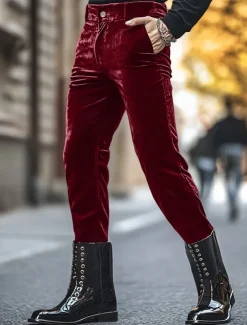 Men's Dress Pants Skinny Trousers Casual Pants Velvet Pants Pocket Plain Comfort Soft Full Length Party Daily Club Fashion Streetwear Black Red