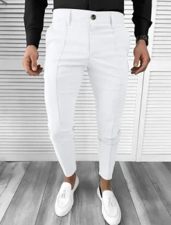 Men's Dress Pants Tapered pants Trousers Chinos Buttons Pocket Plain Comfort Formal Party Work Fashion Classic Style Black White Micro-elastic
