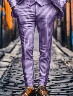 Men's Dress Pants Trousers Chinos Buttons Pocket Stripe Comfort Formal Party Work Fashion Classic Style Pink Blue Micro-elastic