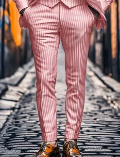 Men's Dress Pants Trousers Chinos Buttons Pocket Stripe Comfort Formal Party Work Fashion Classic Style Pink Blue Micro-elastic