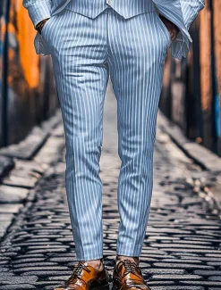 Men's Dress Pants Trousers Chinos Buttons Pocket Stripe Comfort Formal Party Work Fashion Classic Style Pink Blue Micro-elastic