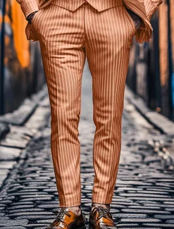 Men's Dress Pants Trousers Chinos Buttons Pocket Stripe Comfort Formal Party Work Fashion Classic Style Pink Blue Micro-elastic