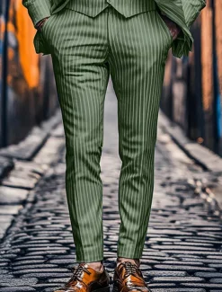 Men's Dress Pants Trousers Chinos Buttons Pocket Stripe Comfort Formal Party Work Fashion Classic Style Pink Blue Micro-elastic