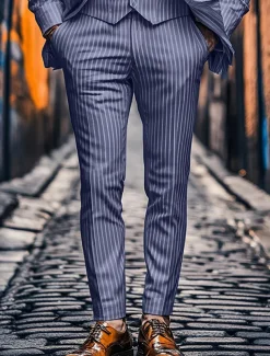 Men's Dress Pants Trousers Chinos Buttons Pocket Stripe Comfort Formal Party Work Fashion Classic Style Pink Blue Micro-elastic