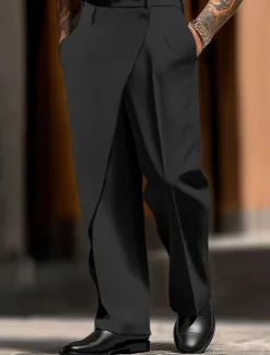 Men's Dress Pants Trousers Pocket Layered Straight Leg Plain Comfort Soft Full Length Outdoor Daily Going out Fashion Streetwear Black White Micro-elastic