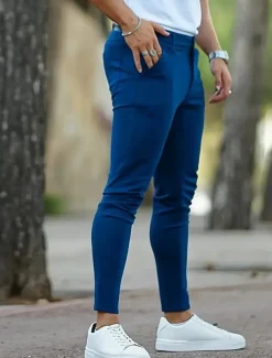 Men's Dress Pants Trousers Chinos Buttons Pocket Plain Comfort Formal Party Work Fashion Classic Style Black Blue Micro-elastic