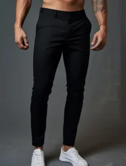 Men's Dress Pants Trousers Chinos Buttons Pocket Plain Comfort Formal Party Work Fashion Classic Style Black Dark Blue Micro-elastic