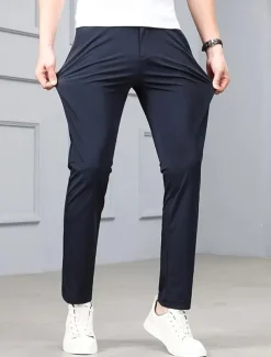 Men's Dress Pants Trousers Chinos Buttons Pocket Solid Color Comfort Formal Party Work Fashion Classic Style Black Blue Micro-elastic