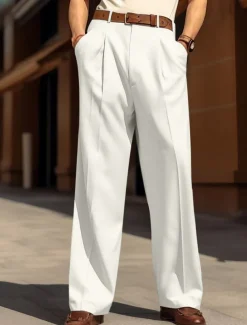 Men's Dress Pants Trousers Baggy Pants Casual Pants Pleated Pants Wide Leg Front Pocket Straight Leg Plain Comfort Breathable Wedding Business Beach Fashion Basic Loose Fit Black White