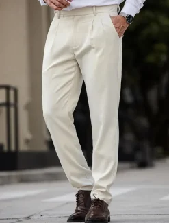 Men's Dress Pants Trousers Chinos Slacks Buttons Pocket Pleats Plaid Comfort Formal Party Work Fashion Classic Style Apricot Micro-elastic